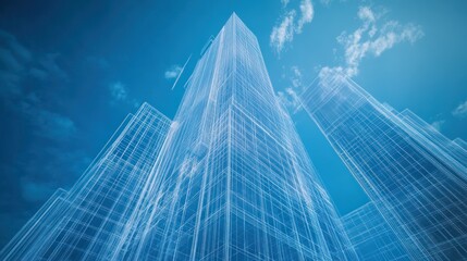 Architectural blueprint perspective of a modern skyscraper complex in blue shades