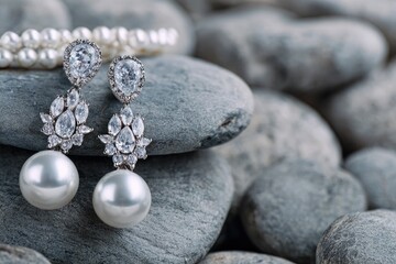 Elegant earrings with teardrop-shaped gems hang on a rock, accompanied by a string of pearls