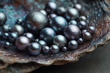 Close-up of lustrous, dark pearls nestled inside a textured, iridescent shell, creating an elegant display