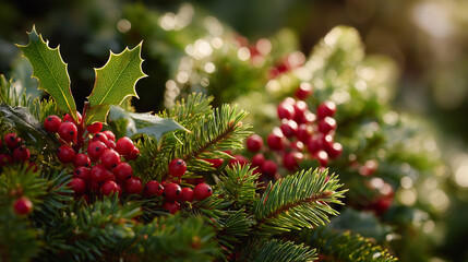 Festive Foliage: A close-up shot captures the vibrant colors and intricate textures of a holiday display, with lush green evergreen boughs adorned with bright red berries and holly leaves.