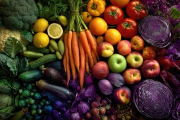 A vibrant arrangement of colorful fruits and vegetables artfully arranged