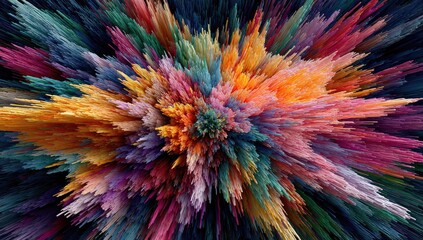 A vibrant, abstract explosion of colors bursting outwards against a dark blue backdrop