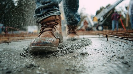 A construction worker walks through wet concrete, showcasing sturdy boots while rain adds to the challenging work environment.
