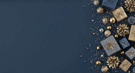 Festive holiday background featuring presents, ornaments, and scattered gold elements