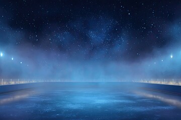 An empty ice rink under a starry, hazy night sky with spotlights