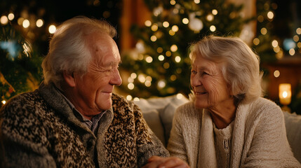 Cozy Christmas Togetherness: An elderly couple shares a tender moment of togetherness amidst the warm glow of Christmas lights and a beautifully decorated Christmas tree.
