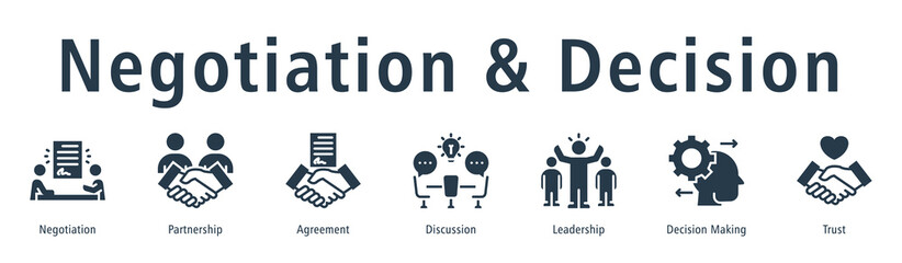 Negotiation & Decision web banner icon vector illustration concept with icon of negotiation, partnership, agreement, discussion, leadership, trust, and decision making.