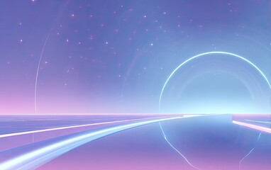 Abstract neon corridor with a glowing circular portal in shades of blue and pink