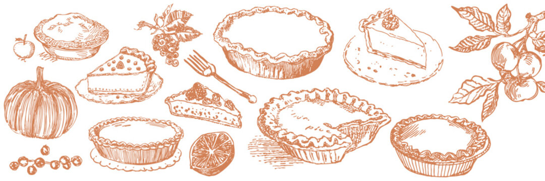 Hand drawn Thanksgiving pies illustration set in vintage sketch style