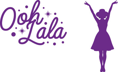 Purple script text Ooh La with dancing woman silhouette lettering handwriting