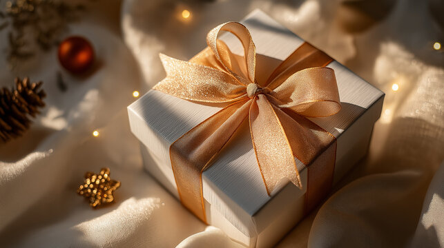 Wrapped in Joy: A beautifully presented gift box, adorned with a luxurious ribbon, sits elegantly. This image whispers of anticipation, celebration, and the heartfelt sentiment behind every gift. 