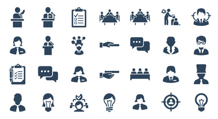 Set of Business People Icons for Meeting and Communication in Dark Blue
