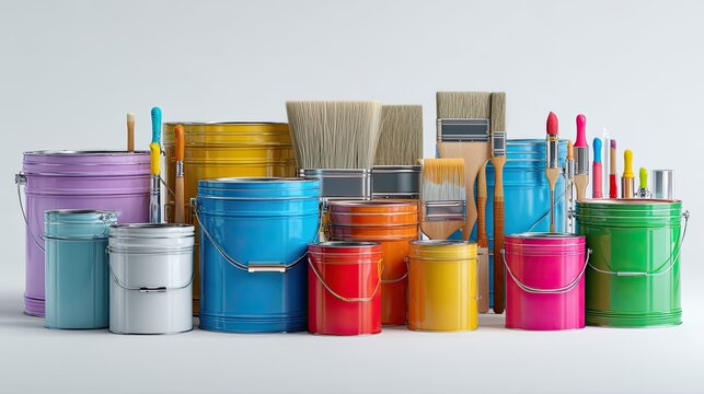 A vibrant arrangement of colorful paint cans and brushes, showcasing a variety of sizes and styles, ideal for home improvement and artistic projects. - Powered by Adobe