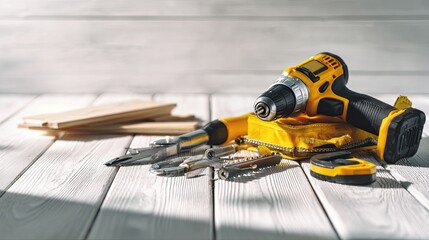 Fototapeta premium A close-up view of a cordless drill and various hand tools arranged on a wooden surface, highlighting a DIY or home improvement context.