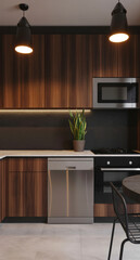 Modern Wood Kitchen With Pendant Lights, Stainless Appliances, and Green Plant Accent