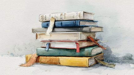 A stack of colorful books with bookmarks, illustrated in a watercolor style, resting on a light background.