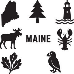 Iconic symbols of maine: map, pine tree, lighthouse, moose, lobster, puffin, leaf. versatile vector collection for state tourism and travel. isolated on white background, Vector, illustration