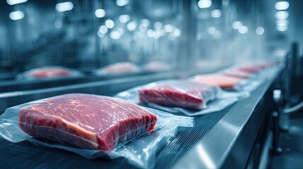 The image showcases packaged meat in a processing facility, highlighting a modern food production environment.
