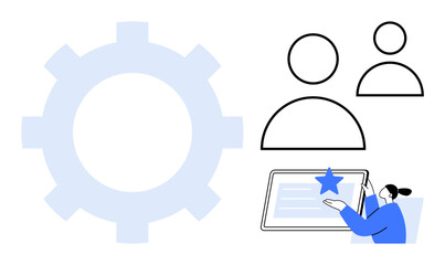 Gear symbol alongside profiles and a user engaging with a touchscreen device emphasizes teamwork, system settings, and user interaction. Ideal for productivity, efficiency, teamwork, digital