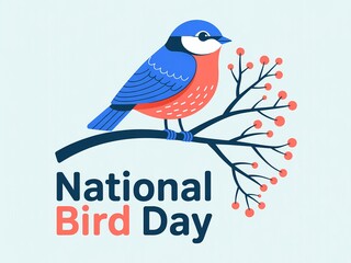 Charming illustration of a blue and orange bird perched on a branch celebrating national bird day