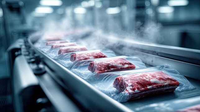 A conveyor belt displays vacuum-sealed meat packages in a modern processing facility, with steam rising in the cool, industrial atmosphere.