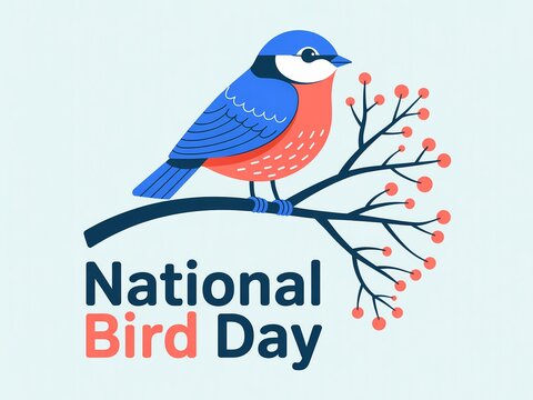 Charming illustration of a blue and orange bird perched on a branch celebrating national bird day