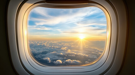 Airplane window golden hour view calm premium sunrise over cloudscape with warm light