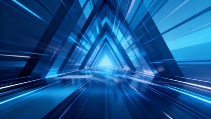 Abstract blue tunnel with glowing triangular patterns and motion blur effects