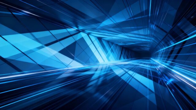 Abstract blue geometric tunnel with light streaks and dynamic motion effects