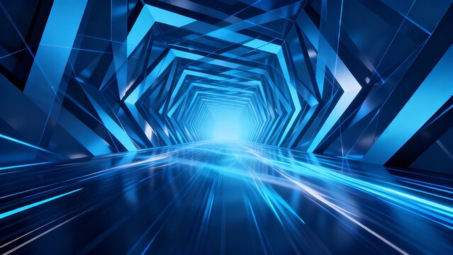 Futuristic blue tunnel with glowing light effects and geometric patterns