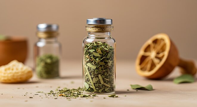 Herbal Infusion: Dried Herbs in Glass Bottles