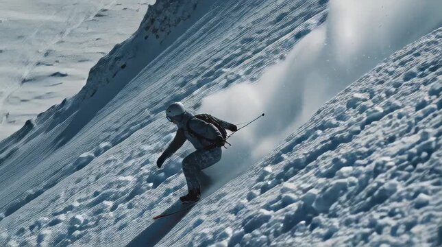 Snowboarder descends snowy mountain slope creating spray during daylight