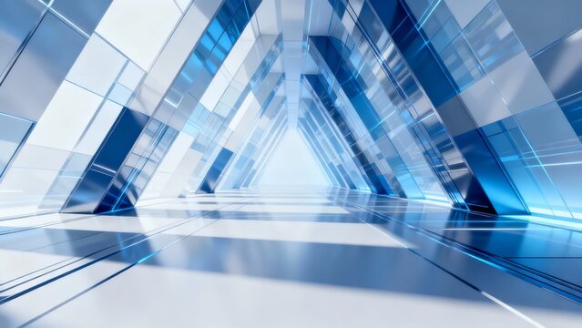 Abstract futuristic corridor with blue glass panels and reflective floor - Powered by Adobe