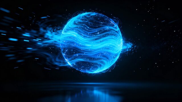 A glowing blue planet with swirling energy patterns floats in space, emitting light trails against a starry background. - Powered by Adobe