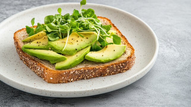 Avocado toast with microgreens on whole grain bread, seasoned with pepper and olive oil
