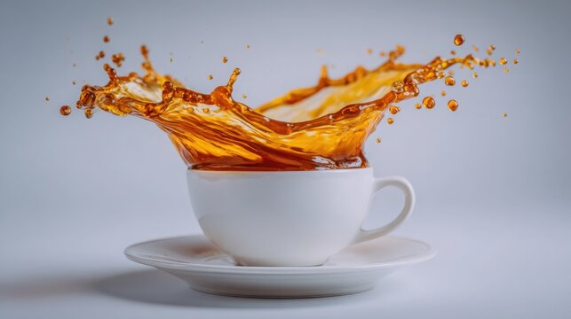 A white cup sits on a saucer with coffee splashing out in vibrant brown tones. The background is neutral, highlighting the energetic motion of the liquid. The moment captures excitement and freshness.