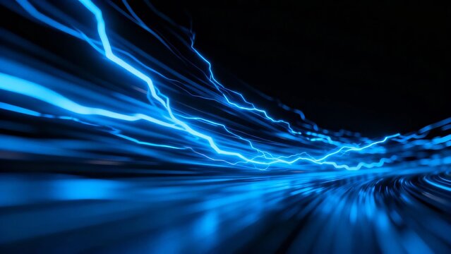 Abstract blue lightning streaks across a dark, dynamic background with glowing energy waves.