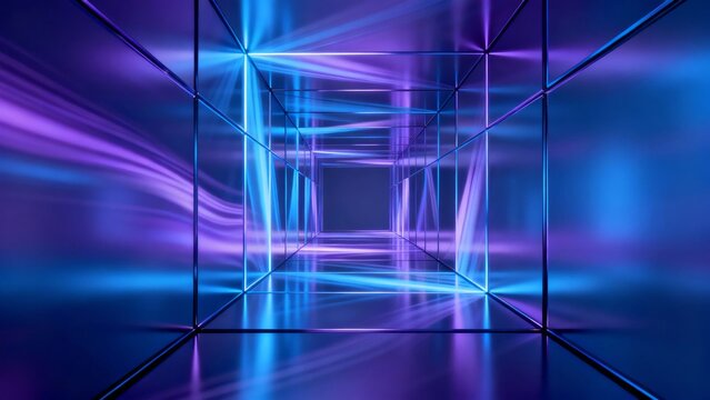 Abstract digital tunnel with glowing blue and purple light beams in a futuristic geometric space