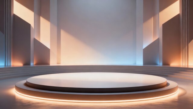 Minimalist circular stage with illuminated platform in a modern architectural space