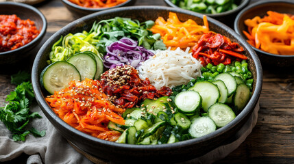 Colorful Korean banchan bowl with seasoned vegetables, kimchi, cucumber, and rice noodles