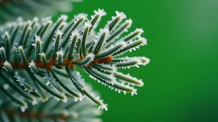 Close-up of a frosted pine branch with delicate ice crystals sparkling against a soft green background. - Powered by Adobe