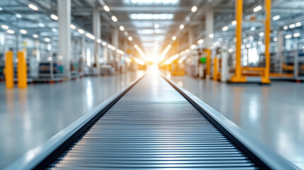 Obraz premium Conveyor belt in bright warehouse with motion and warm light