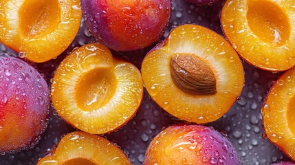 fresh orange plum halves with vibrant juicy texture and water droplets