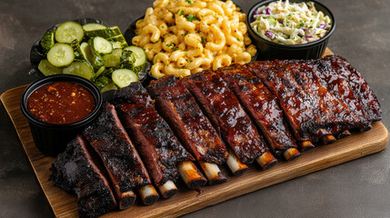 Smoked beef ribs glazed with barbecue sauce served with mac and cheese, coleslaw, pickles