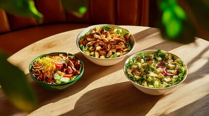vibrant fresh salad bowls top view in warm cozy cafe lighting