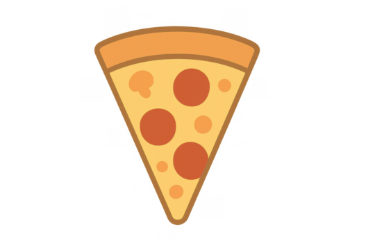 Pizza slice icon representing fast food, italian cuisine, and quick meal concepts, featuring pepperoni toppings on a transparent background