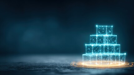 A digital 3D pyramid consists of glowing cubes arranged in a structured formation. The composition features intricate lines and connections, highlighting technological innovation and creativity.