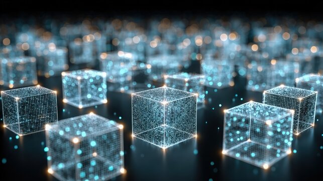 Rows of transparent cubes with glowing edges form a digital landscape. The surface is dark, creating contrast with the glowing blue lights among the cubes, suggesting a high-tech environment.