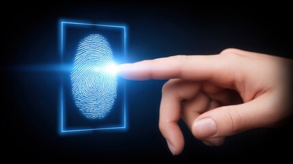A human finger is touching a glowing fingerprint scanner, showcasing advanced technology for secure access. The scene highlights the importance of biometric authentication in todays digital world.