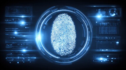A digital fingerprint is displayed prominently with glowing blue lines and futuristic interface components in the background. The design suggests advanced technology and security features.